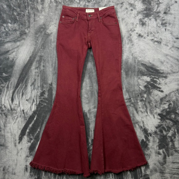 Free People Denim - We The Free Flare Jeans Womens 24 Burgundy Raw Hem Bell Bottom New Boho Hippie